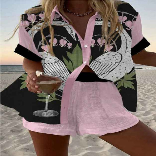 3D Print Half-Sleeve Cardigan & Shorts Two-Piece Set