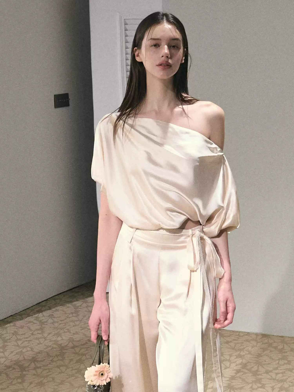 Two-piece Set Off-shoulder Top With Lace Belt And Wide-leg Pants