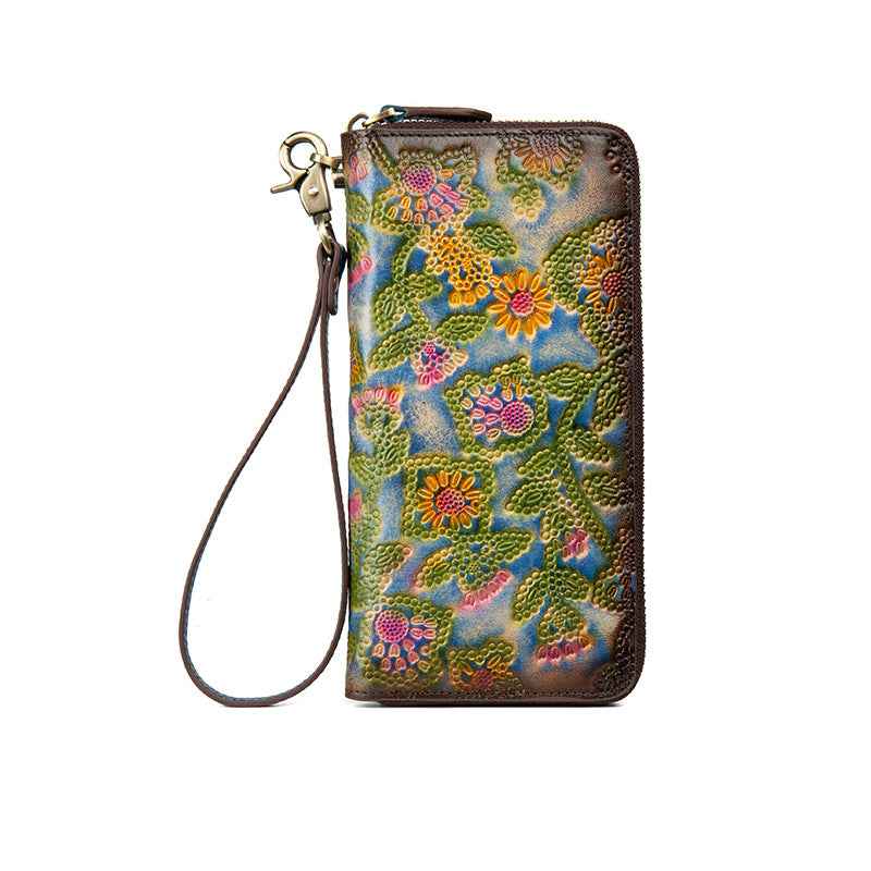 Large-Capacity Embossed Floral Leather Wallet – Vintage