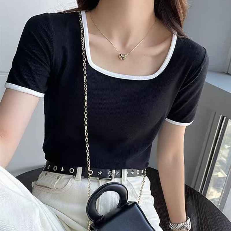 Square-Neck Colour-Block Top – Slim Fit, Ribbed, Short Sleeve