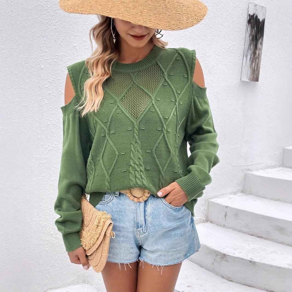 Off-Shoulder Knit Sweater – Hollow-Out Long Sleeve Pullover
