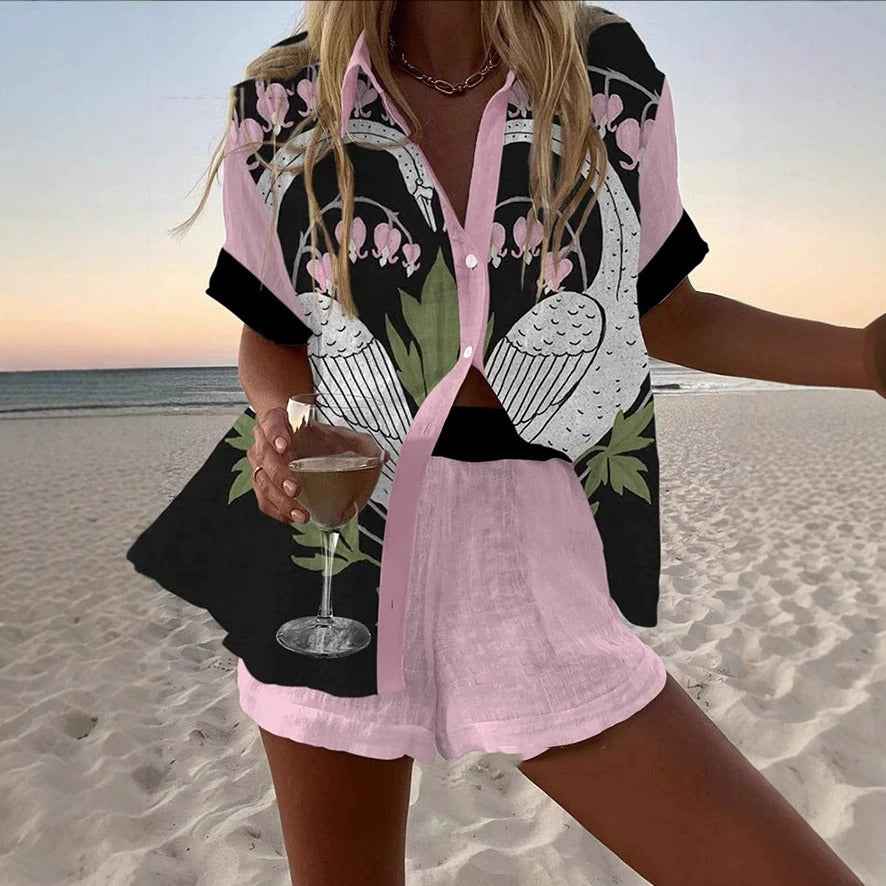 3D Print Half-Sleeve Cardigan & Shorts Two-Piece Set