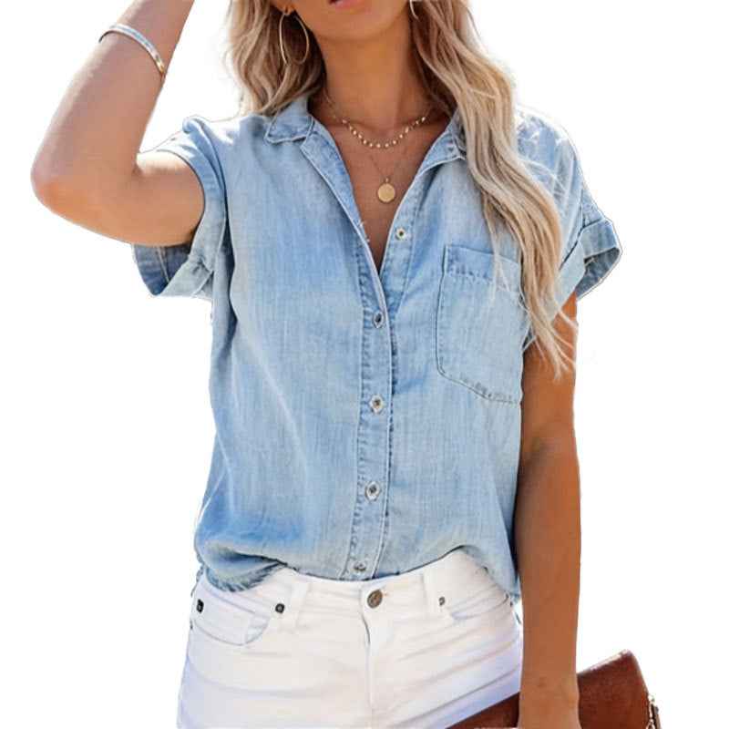 Blue Lapel Casual Short-sleeve Washed Denim Shirt