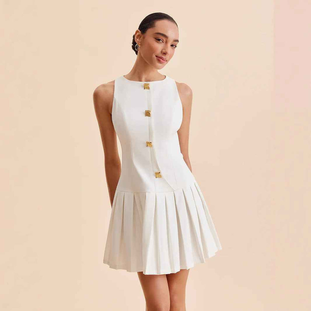 Womens Elegant Sleeveless Pleated Dress