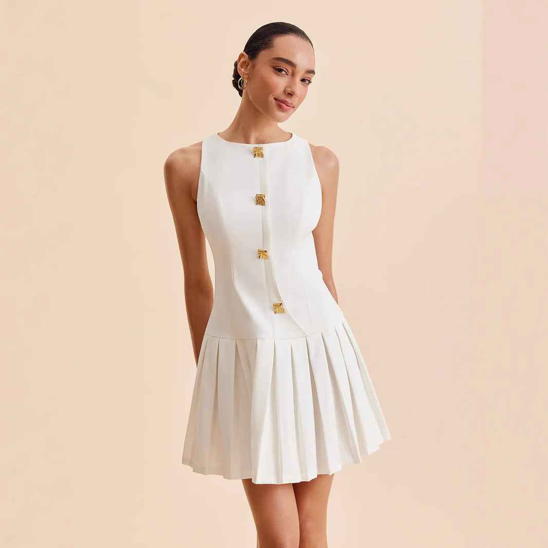 Womens Elegant Sleeveless Pleated Dress