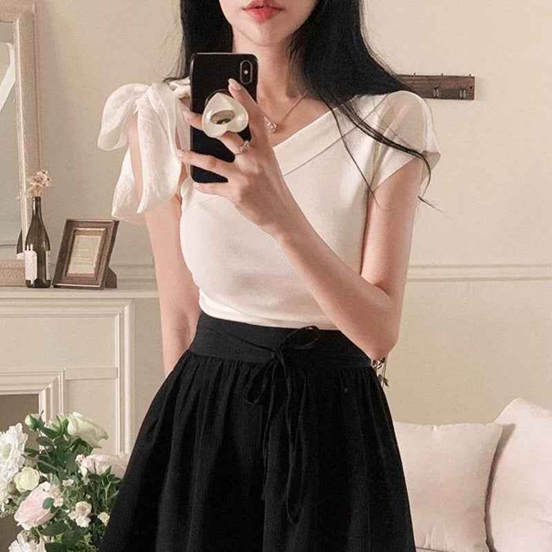 Women's Lace-Up Waist-Cinching Knit Top – Three-Quarter Sleeve Pullover