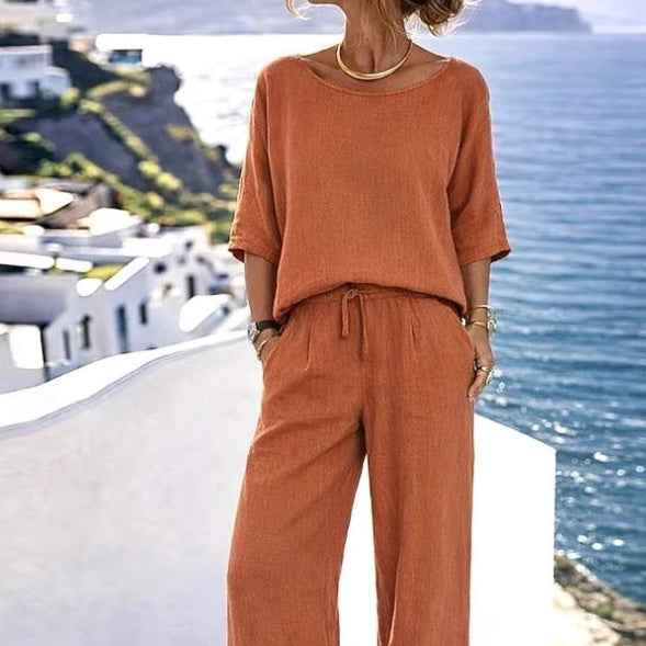 Knitted Short-Sleeve Top & Wide-Leg Pants Bohemian Resort Two-Piece Set