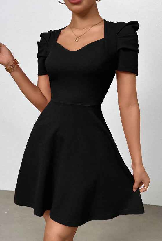 Boat-Neck High-Waist Zipper Mini Dress — Black & Red