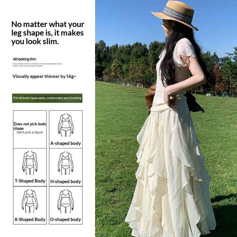 Women's Irregular A-Line Chiffon Midi Skirt — Apricot & White