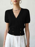 Double-Breasted Knit Pullover Top