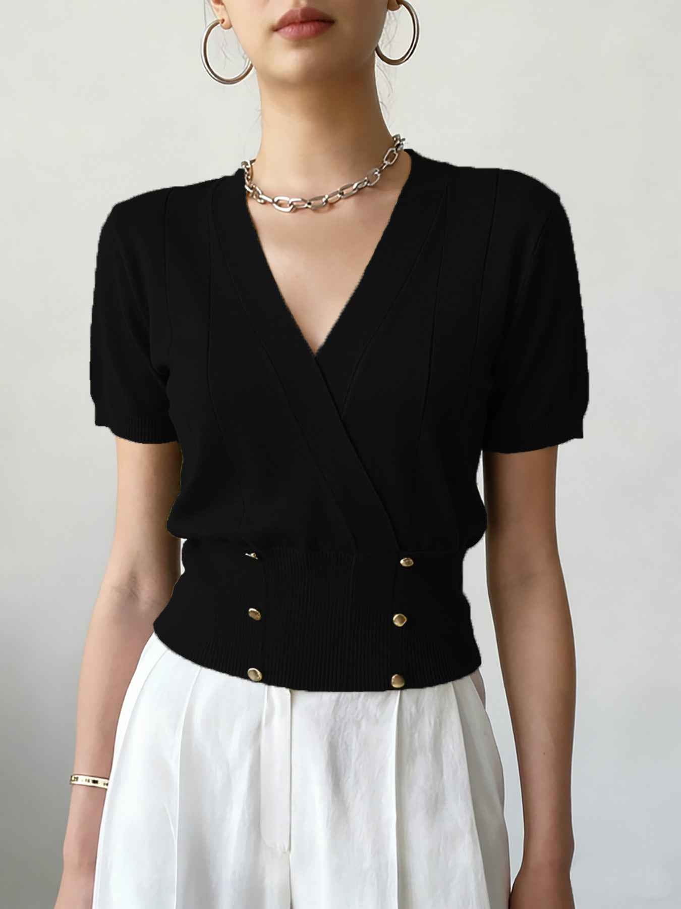 Double-Breasted Knit Pullover Top