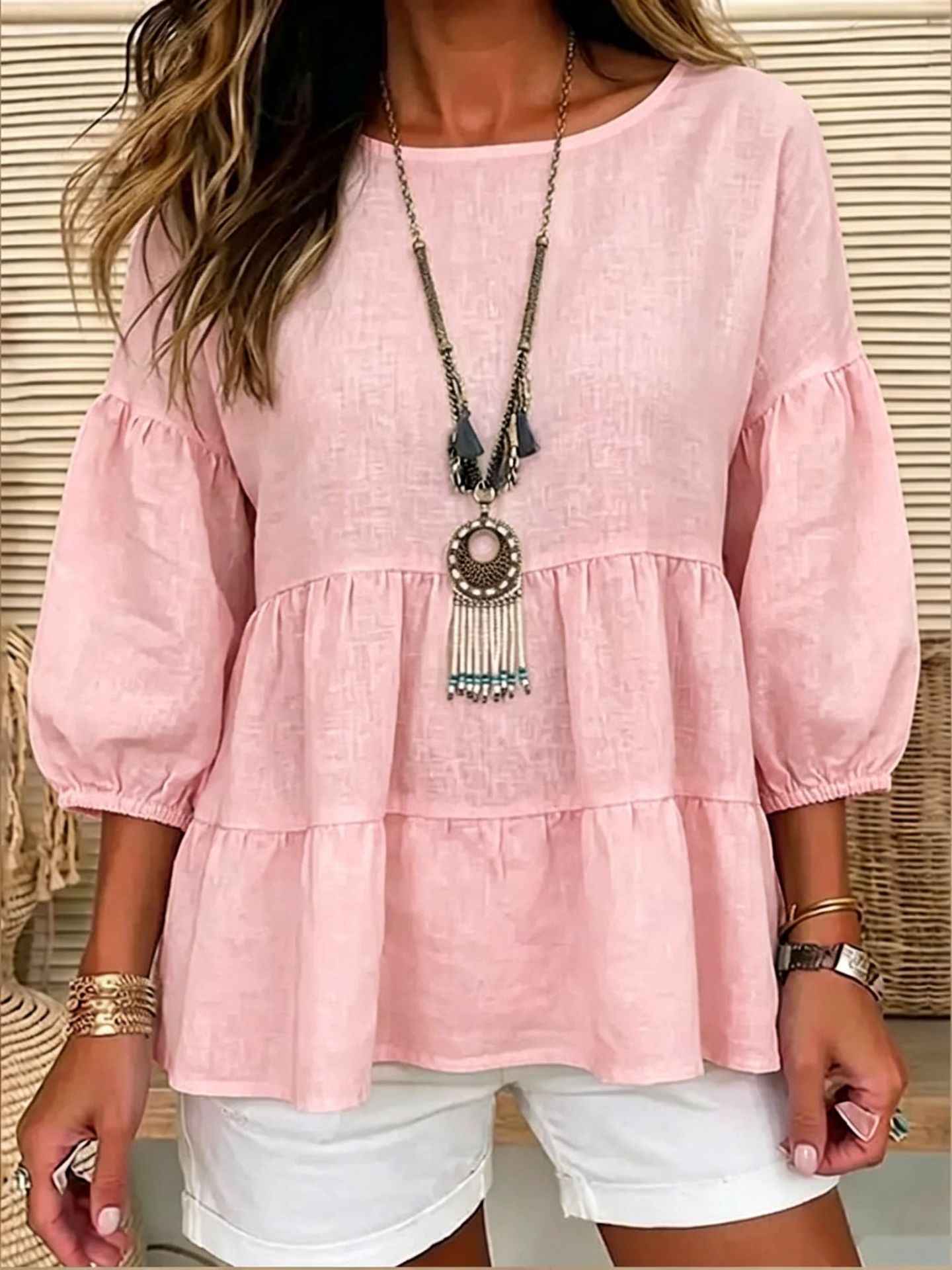 Women's Puff Sleeve Crew Neck Loose Shirt