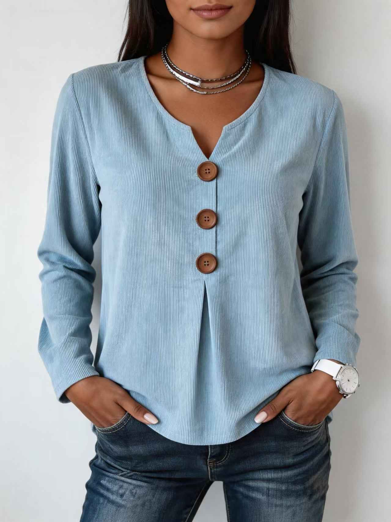 V-neck Buttoned Fashion Casual Long-sleeve Top