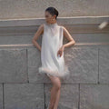 Solid-color Crew-neck Short Dress With Feather Detailing For A Luxe Look
