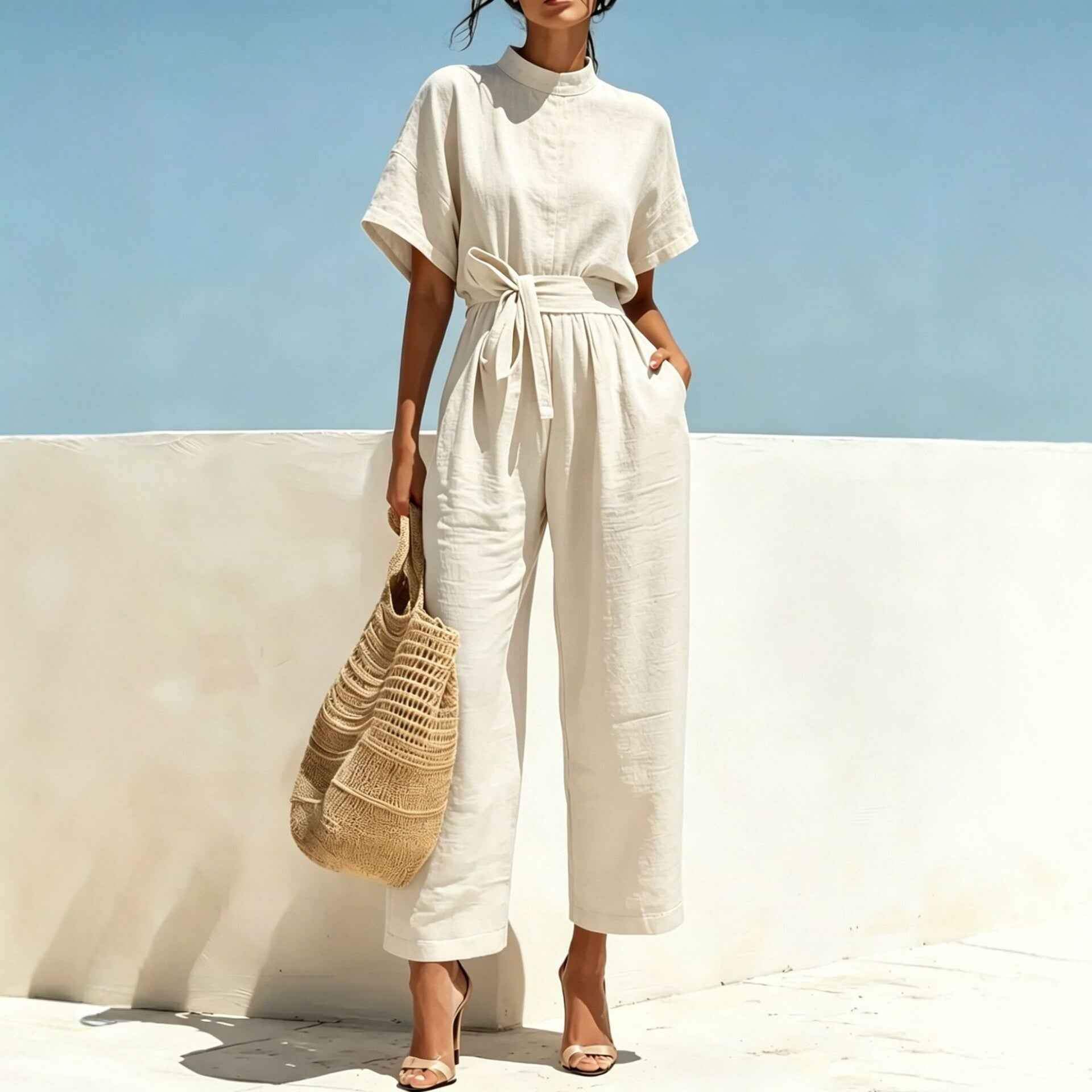 Wide-Leg Jumpsuit with Mock Neck & Tie Detail