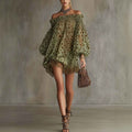 Women's Off-Shoulder Puff-Sleeve Mini Dress — Yellow Green, XS–2XL