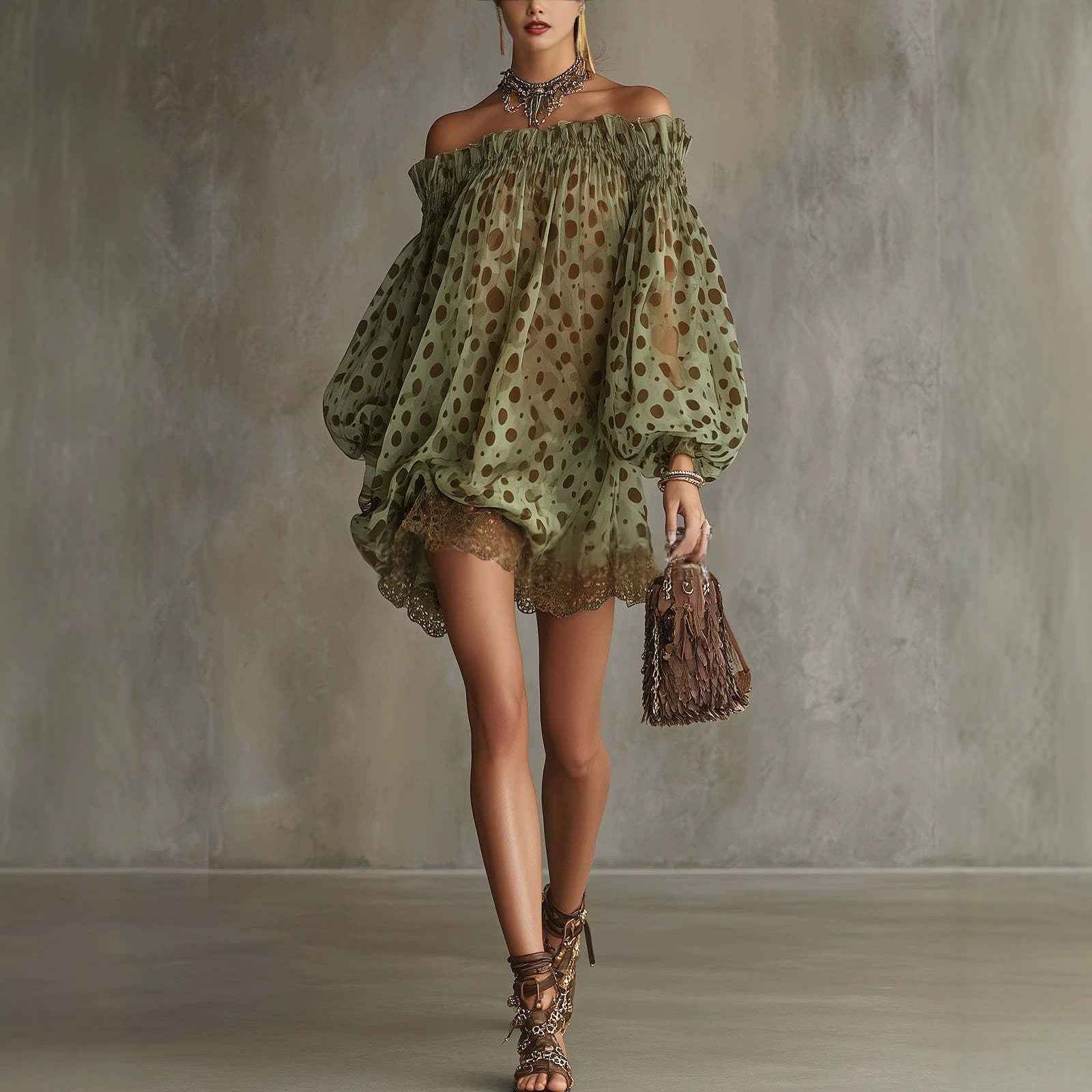 Women's Off-Shoulder Puff-Sleeve Mini Dress — Yellow Green, XS–2XL