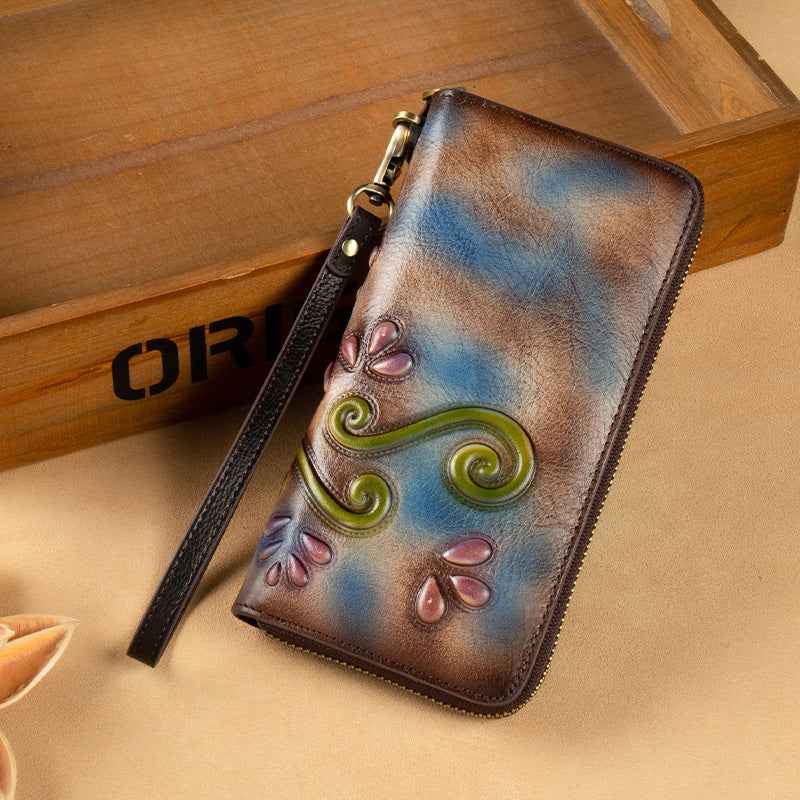 Floral Genuine Leather Zipper Wallet – Retro Style