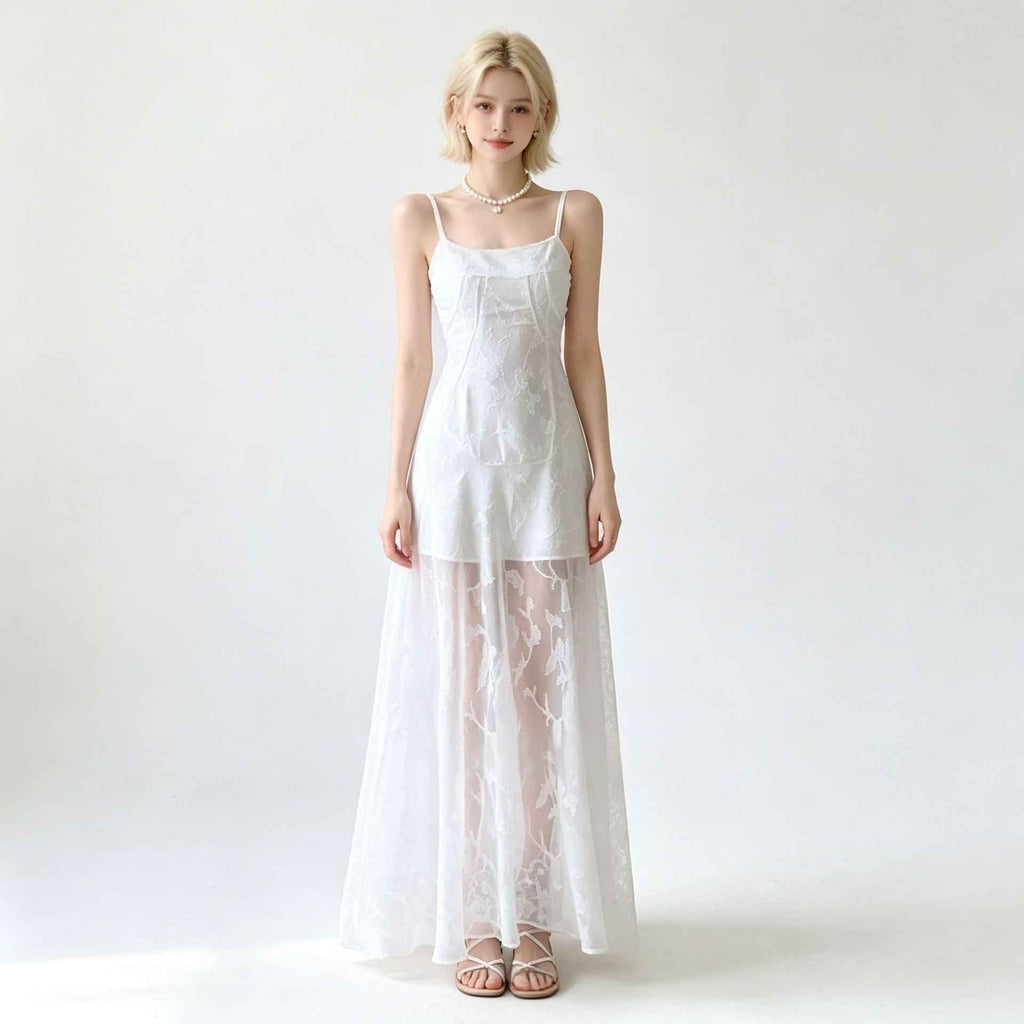 Jacquard Mesh Spaghetti-Strap Slim-Fit Maxi Slip Dress