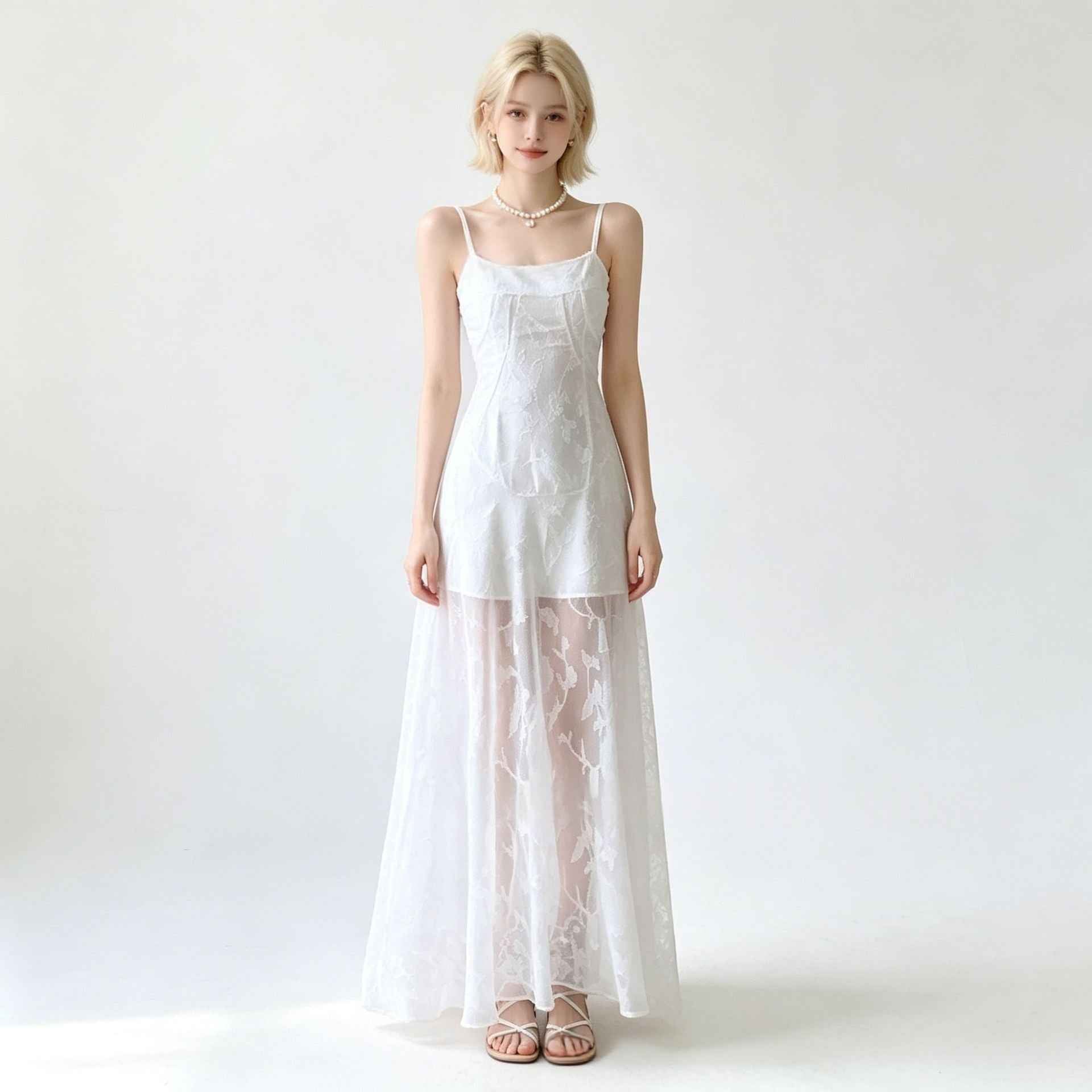 Jacquard Mesh Spaghetti-Strap Slim-Fit Maxi Slip Dress