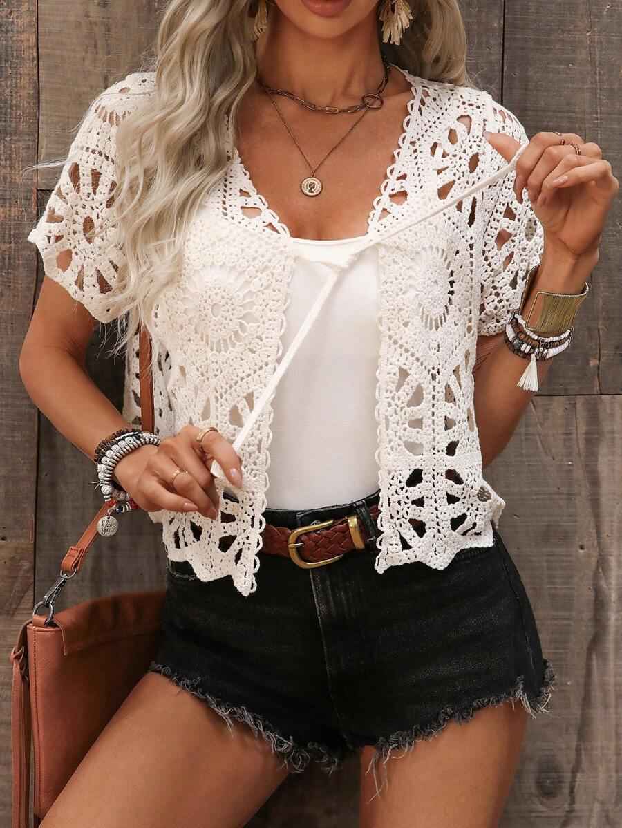 Hollow-out Knitted Cardigan Cropped Shawl Top For Women