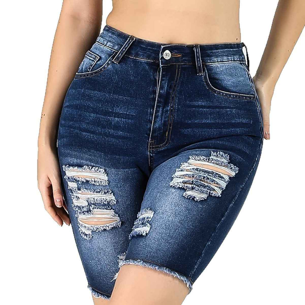 High-Waisted Skinny Denim Shorts – Distressed Wash