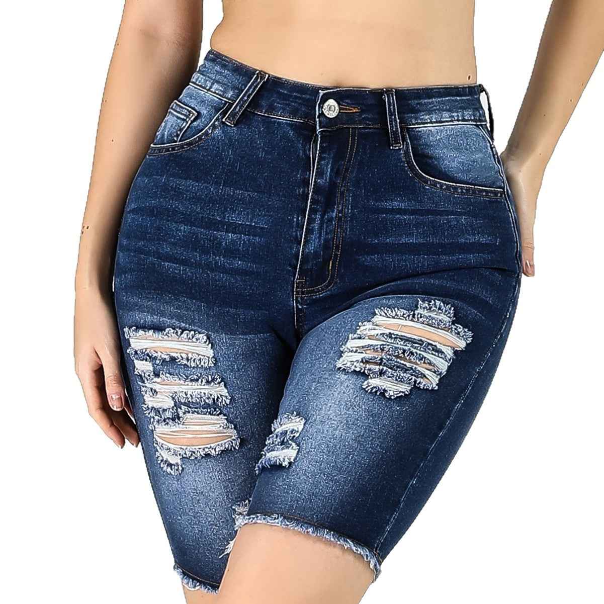 High-Waisted Skinny Denim Shorts – Distressed Wash