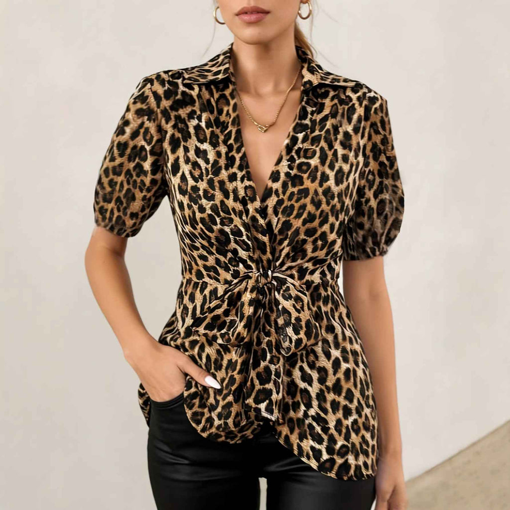 Leopard Print Lace-Up Short-Sleeve Cardigan Blouse