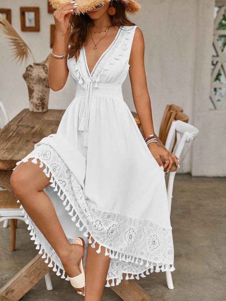 Strappy V-Neck Backless Lace Dress — Elegant Mid-Rise