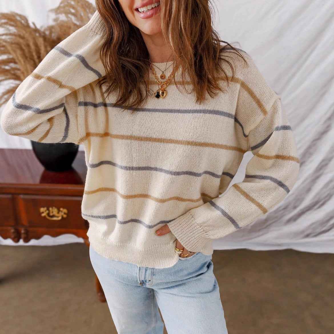 Contrast-Colour Striped Patchwork Loose Pullover Sweater