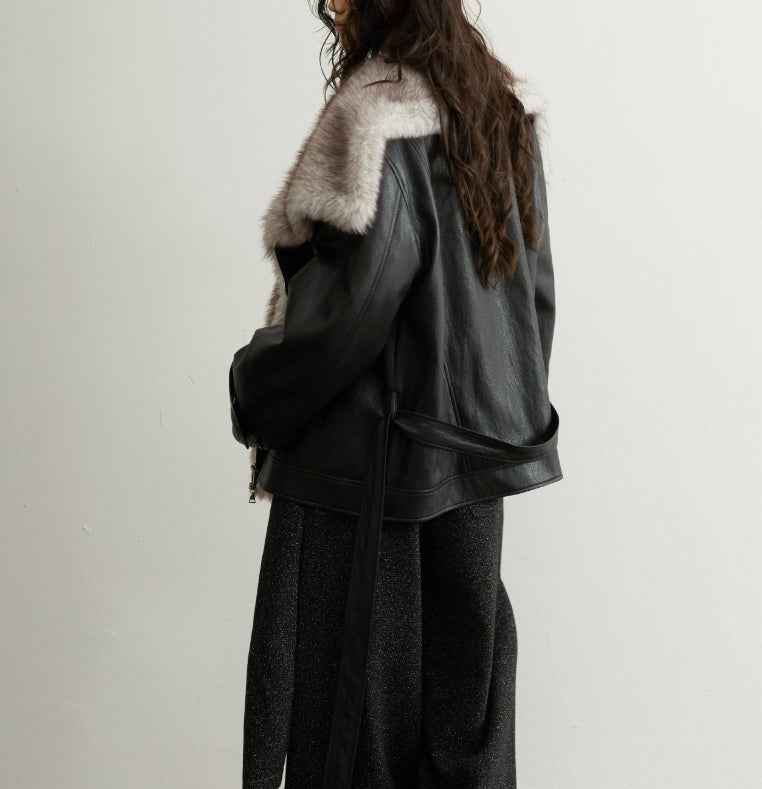 Women's Faux Leather Jacket with Detachable Fur Collar