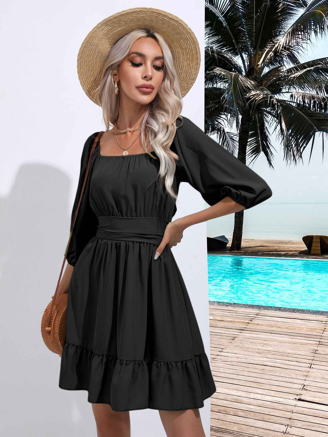 Ruffle Square-Neck Lace-Up Puff Sleeve Maxi Dress — Black & White