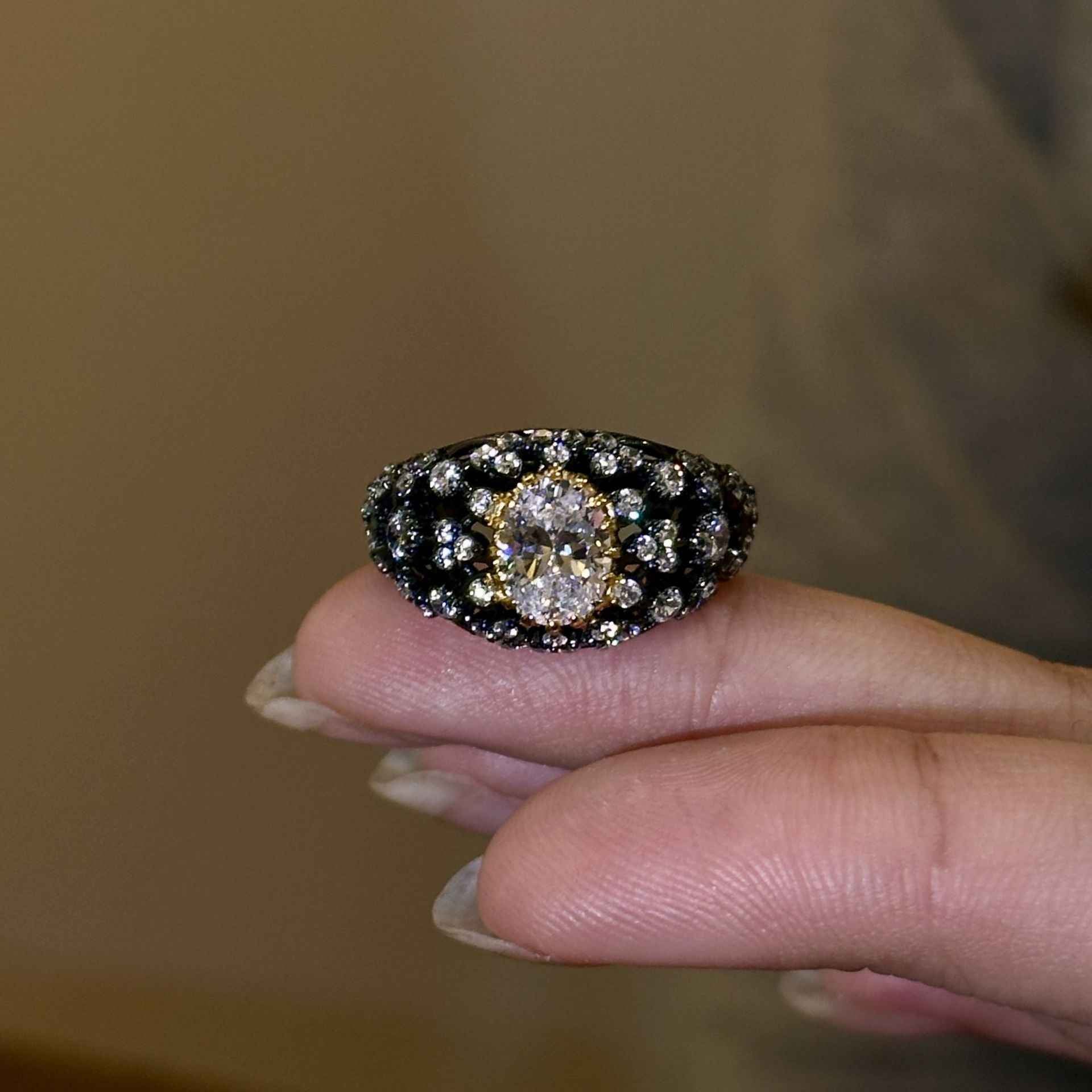 S925 sterling silver plated with black gold luxury diamond ring