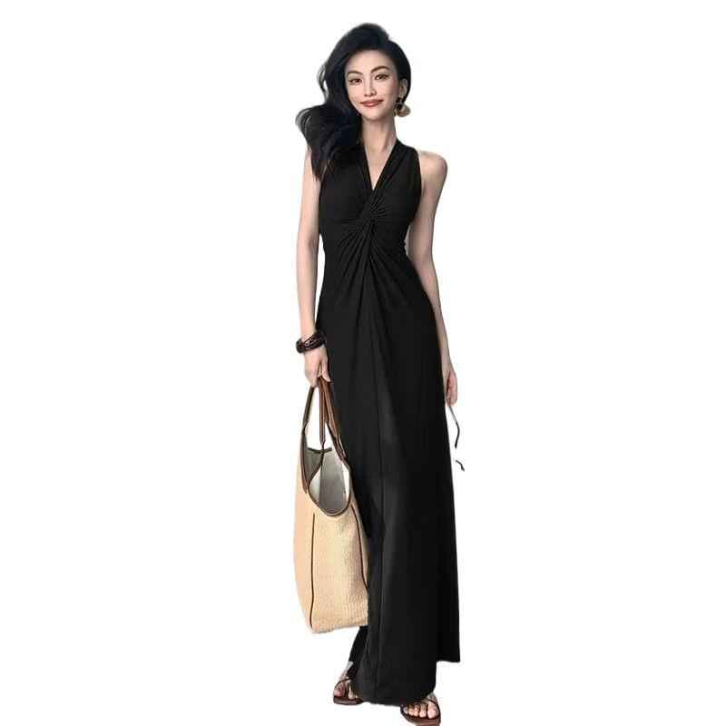Women's Brown Sleeveless A-Line Maxi Dress — High Waist & Patchwork Detail