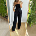 Off-Shoulder Blazer, Tube Top & Wide-Leg Trousers Set for Women