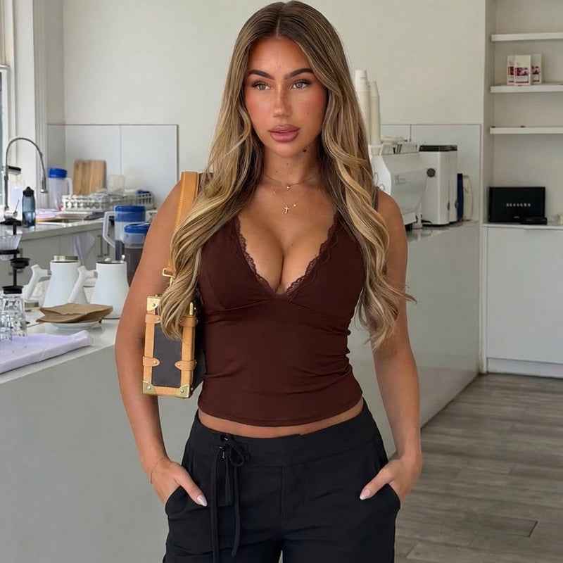 Women's Lace-Trim Deep-V Slim Patchwork Camisole