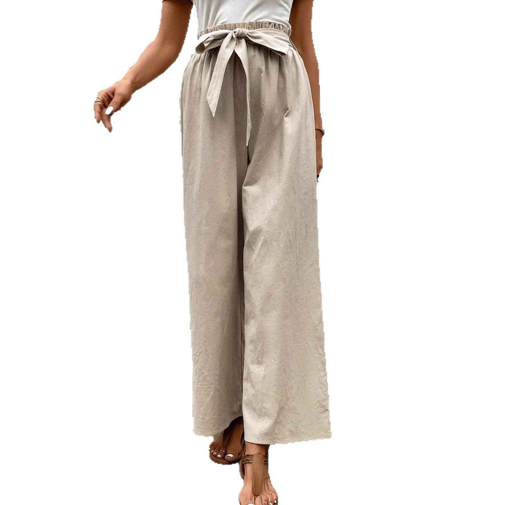 Asymmetric High-Waist Wide-Leg Linen-Look Pants