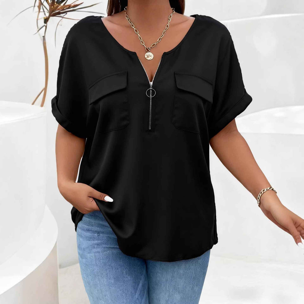 Plus Size Batwing-Sleeve Zip Top – Relaxed Fit with Pocket
