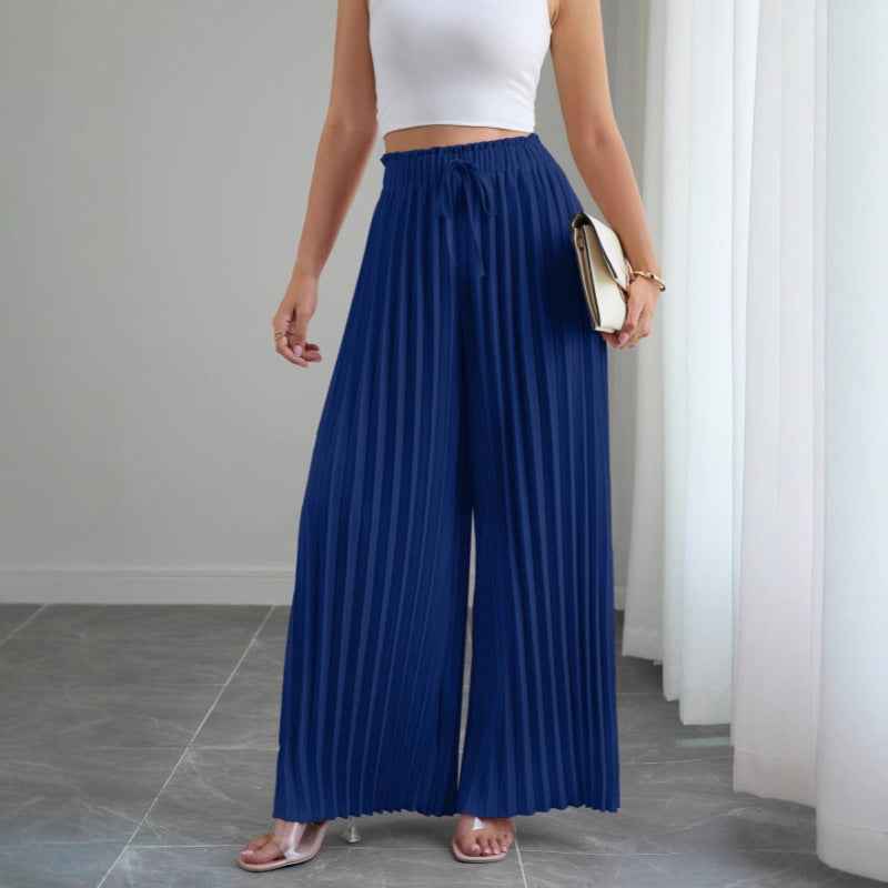 Pleated Wide-Leg Pants — Elastic Waist, Drawstring, 4 Colours, S–XXL