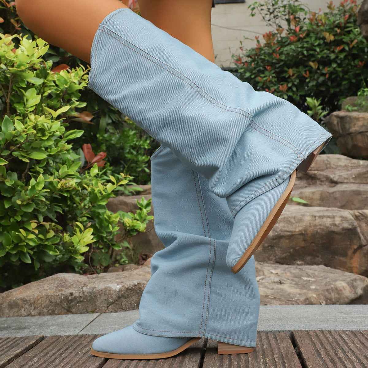Chunky Heel Mid-Calf Boots — Pointed Toe, Light Blue