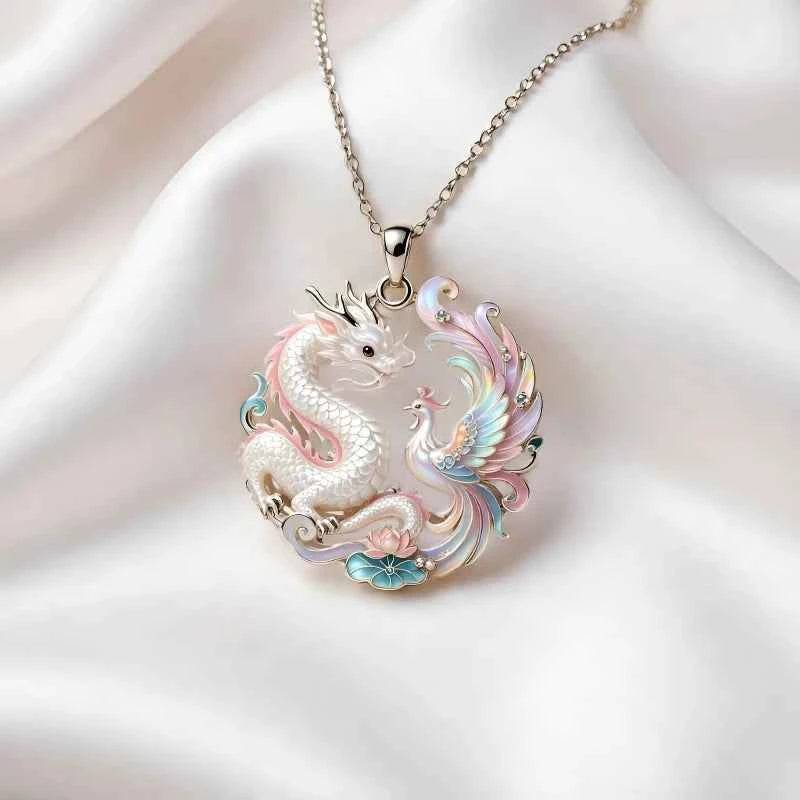 1pcs Gradient Enamel Hollow Dragon Phoenix Lotus Pendant Necklace, Elegant Oriental Style, For Daily Wedding Wear & Couple Lucky Holiday Gifts