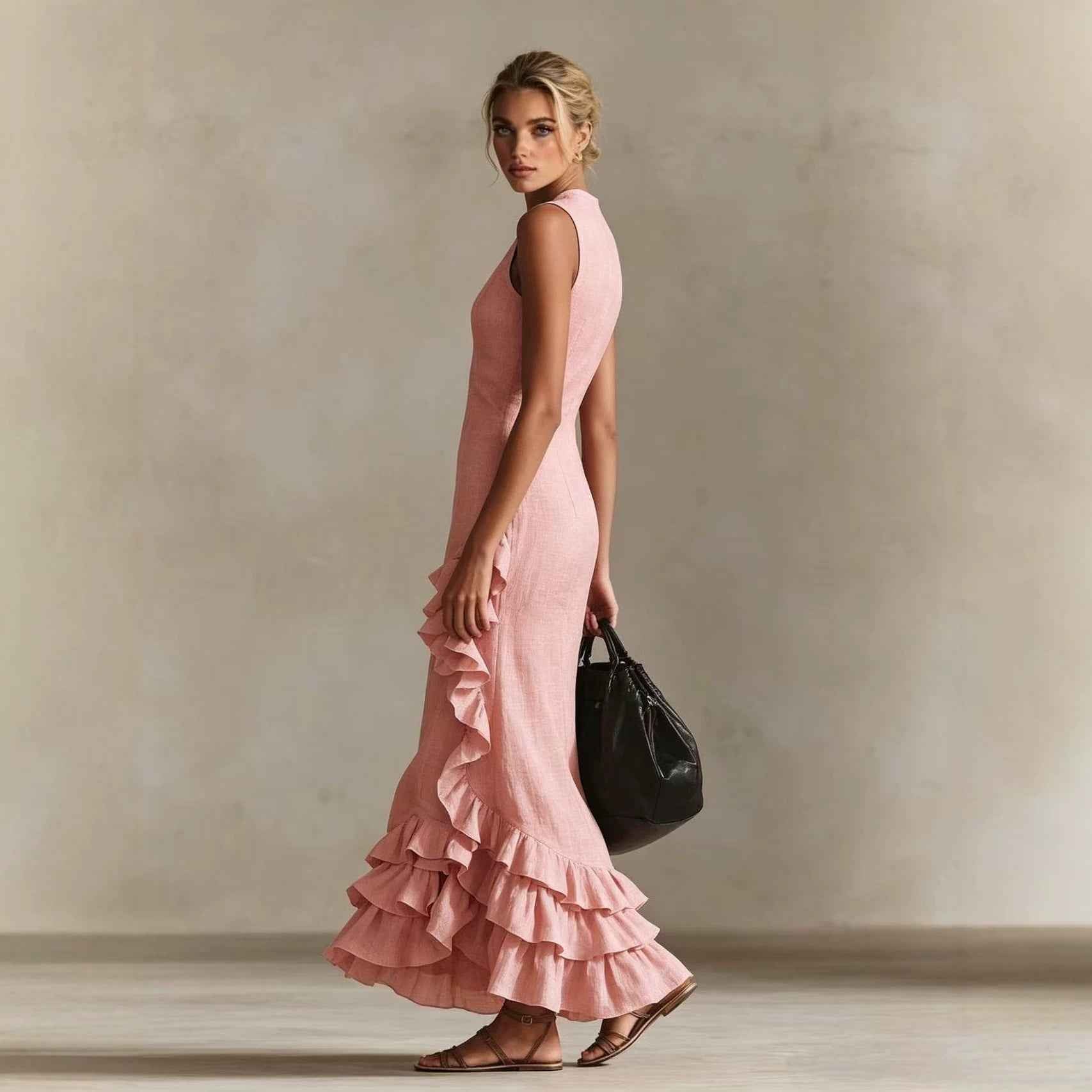Solid-color Long Dress With A Flounced Hem