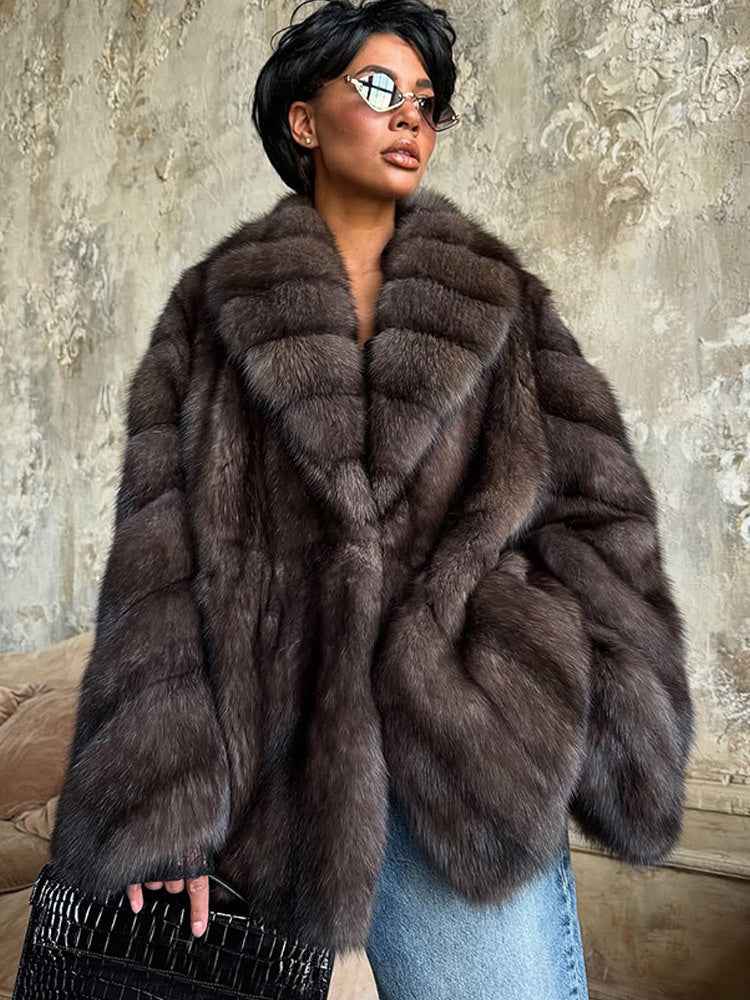 Elegant Color-blocked Fur Coat With A Lapel And Long Sleeves