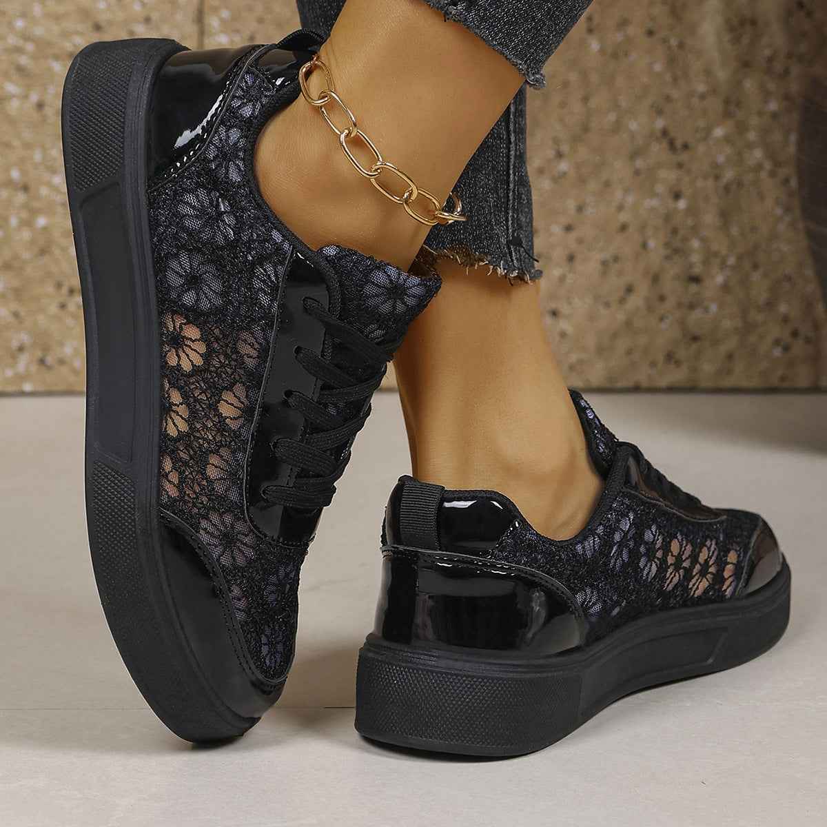 Breathable Mesh Lace-Up Sneakers — Thick Sole, Height-Boosting