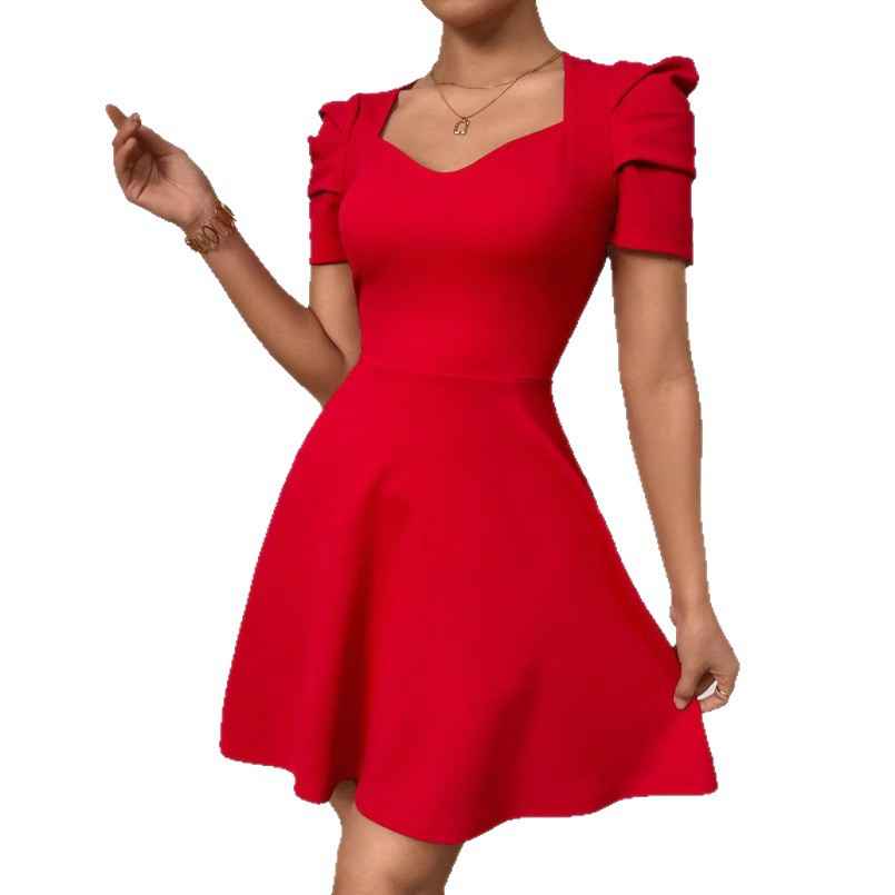 Boat-Neck High-Waist Zipper Mini Dress — Black & Red