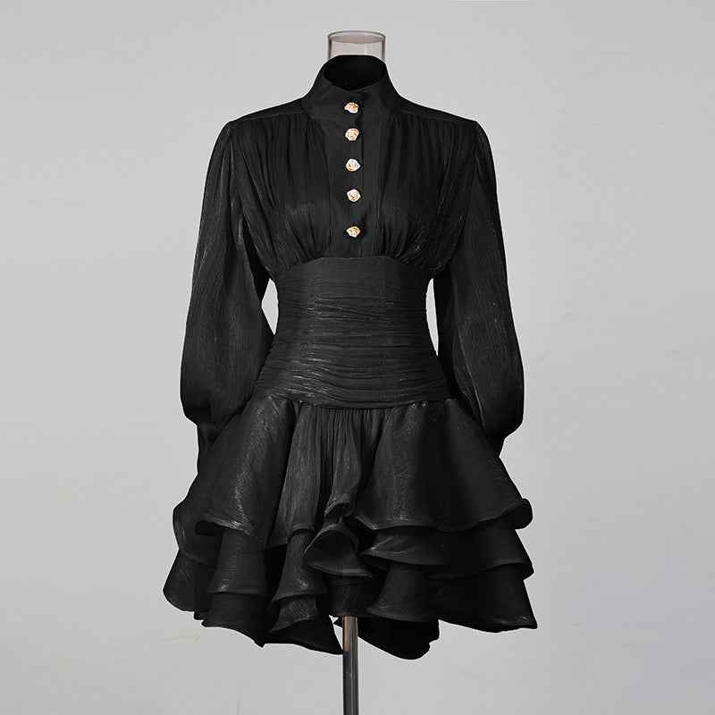 High-Waist Puff-Sleeve Ruffle Hem A-Line Mini Dress