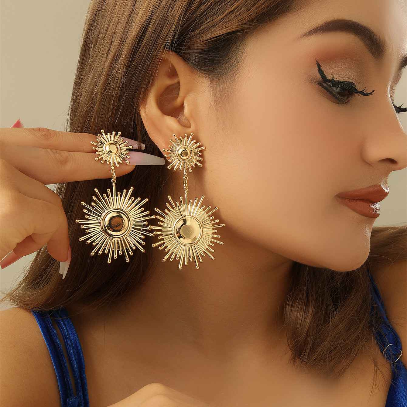 Vintage Geometric Floral Petal Dangle Earrings, Modern Smooth Shiny Metal Folding Craft Fashion Statement Women Ear Jewelry