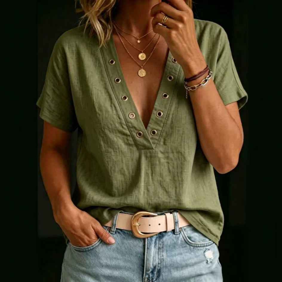 V-Neck Slub Linen Short-Sleeve Shirt — 5 Colours