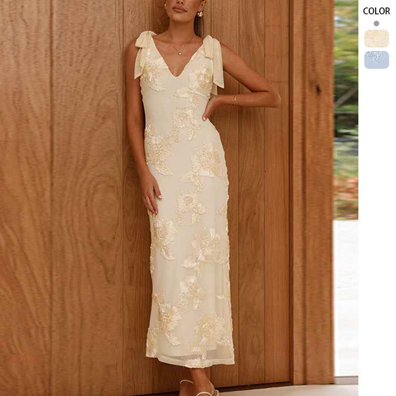 Womens Long Dress With 3D Embroidery Backless Design And Cross-Tie Straps
