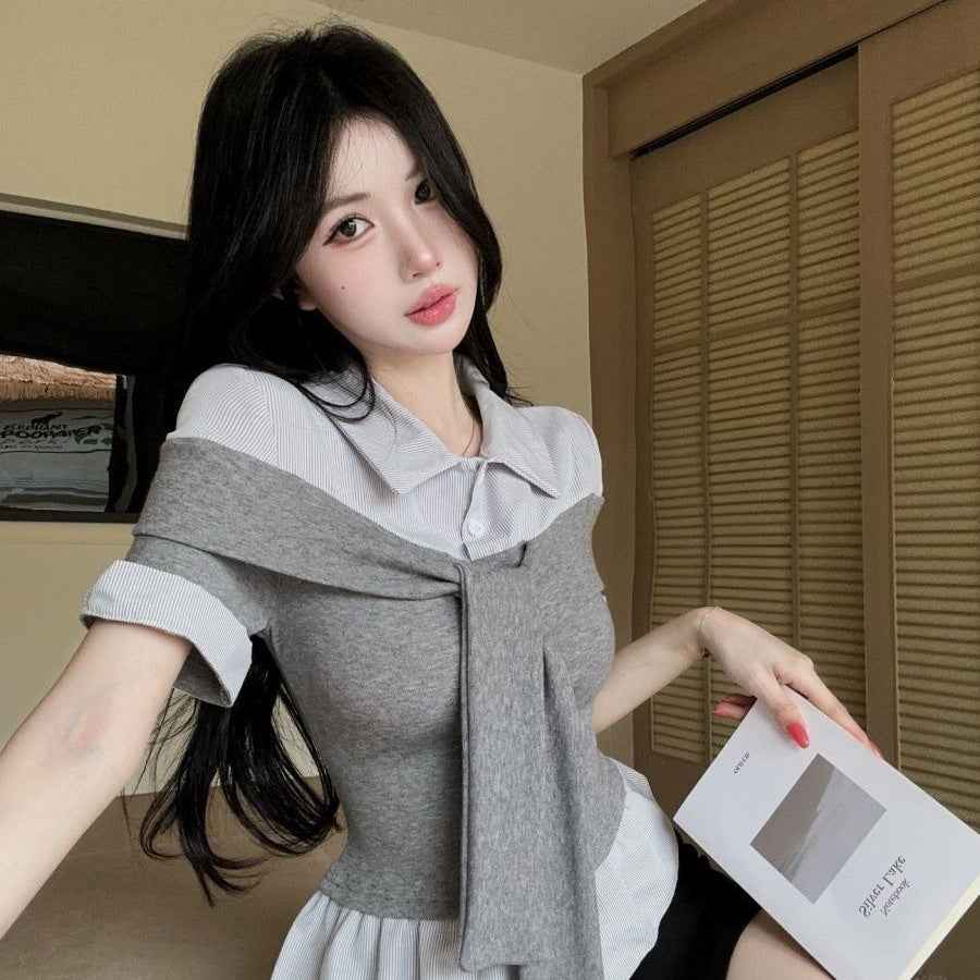 Women's Preppy Striped Mock Two-Piece Polo-Neck Blouse — 4 Colours, S–L